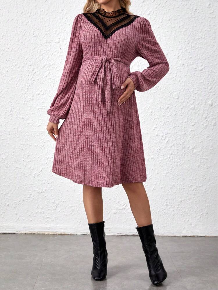 Maternity Patchwork Lace Ribbed Dress