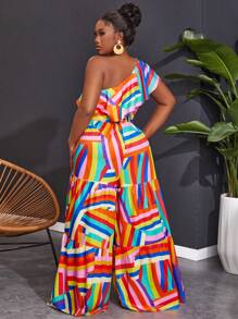 Slaydiva One Shoulder Ruffle Printed Jumpsuit, Pride Month Rainbow Design - Multicolor - View 2