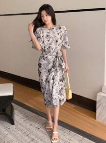 DAZY Women's Tie Knot & Side Slit Print Dress Sundress