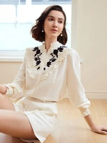 MOTF PREMIUM WOMEN'S WOVEN FLORAL EMBROIDERY RUFFLE TRIM LANTERN SLEEVE BLOUSE - Beige - View 10