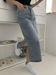 DAZY Women's Washed Denim Side Split Skirt Jeans Skirt - Blue - View 1