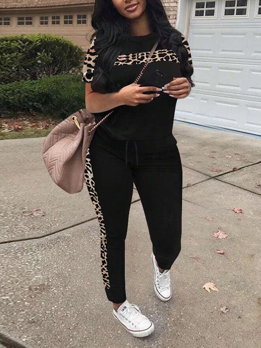 Leopard Print Tee & Leggings - Black - View 1