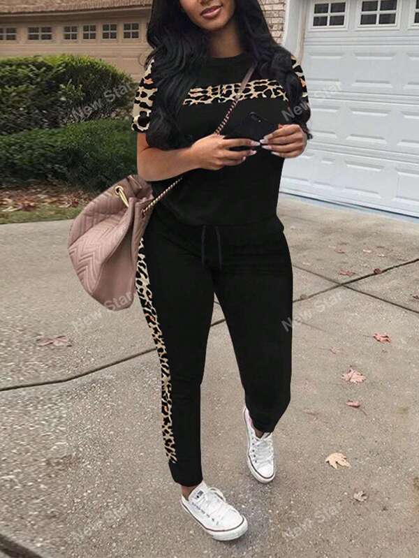 Conjunto Deportivo De Manga Corta Casual Con Estampado De Leopardo Para Mujer Europea Y Americana