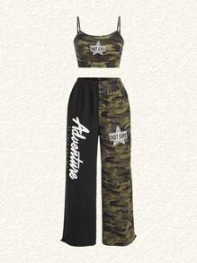 SHEIN EZwear Conjunto De Top Y Pantalones De Punto Sin Tirantes Para Mujer Con Estampado De Letras Y Estrellas