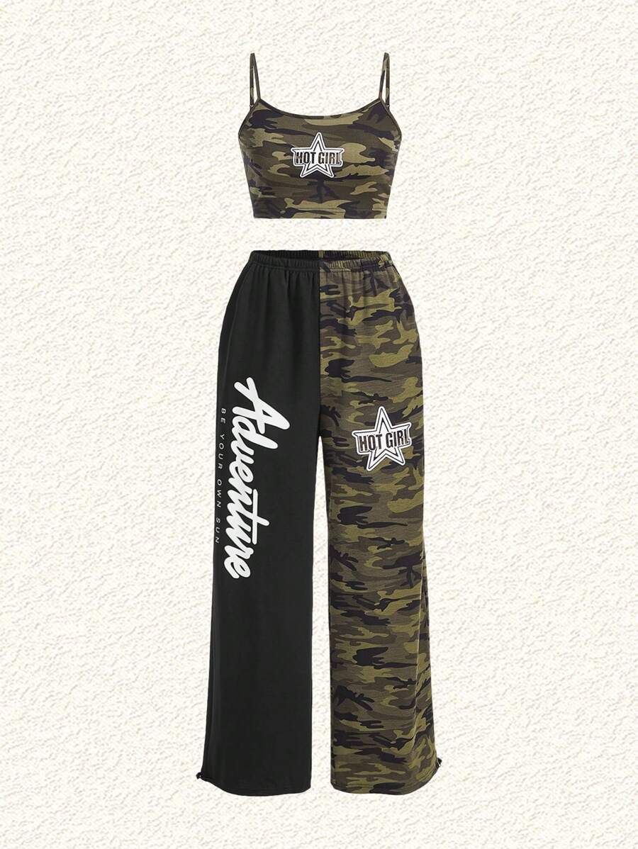 SHEIN EZwear Women's Knit Strapless Top And Pants Set With Letter & Star Print - Army Green - View 1