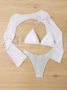 SHEIN Swim Women's Crocodile Textured Halter Neck Tie Bikini Set Summer Beach - Silver - View 5