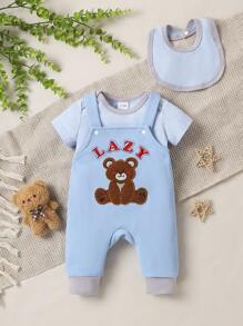 SHEIN 3入組寶寶男孩可愛刺繡熊連身褲套裝，含背帶和短袖連身衣，適用於春夏日常穿著