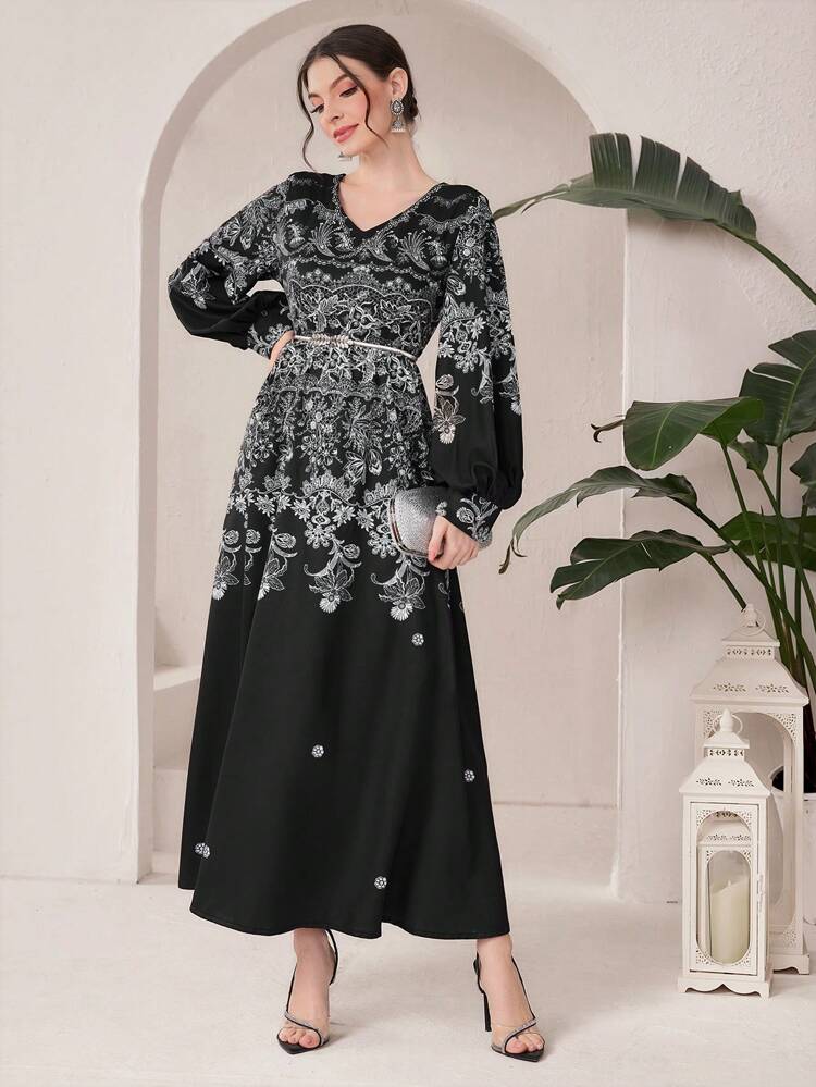 Women's Floral Print V-Neck Cinching Waist Dress