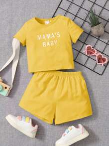 SHEIN 嬰幼女寶寶字母印花短袖T恤和短褲休閒運動套裝