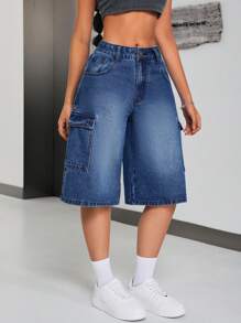 SHEIN ICON Women'S Washed Denim Shorts With Flap Pockets, Loose Fit