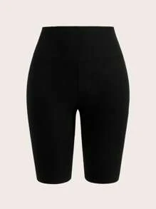 SHEIN EZwear 女士纯色休闲紧身短裤，适合夏季 - 黑色 - 查看 2