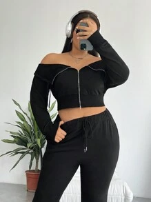 SHEIN EZwear 大尺碼純色露肩運動衫與喇叭褲套裝 - 黑色 - 查看 5