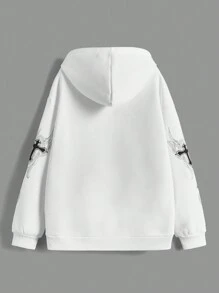 ROMWE Grunge Punk 大码女式朋克风印花拉链抽绳保暖内衬卫衣，适合毕业季、返校季穿着，也适合教师穿着。 - 白色 - 查看 2