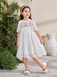 SHEIN Young Girls' Elegant Floral Embroidery Dress With Ruffle Hem - White - View 2