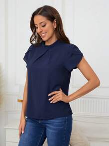 SHEIN Clasi Mock Neck Petal Sleeve Blouse - Royal Blue - View 8