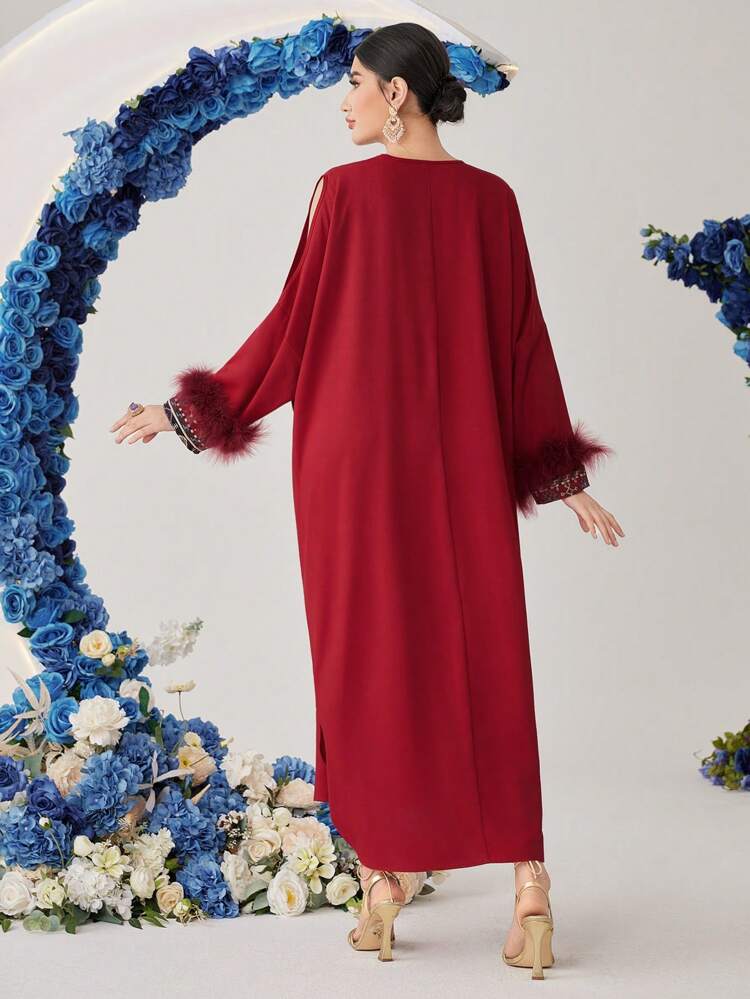 Women's Patchwork Embroidery Plush Cuff V-Neck Loose Batwing Sleeve Kaftan Dress