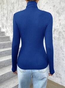 SHEIN Essnce 女士高領雙拉鍊肋織t恤 - 寶藍色 - 查看 2