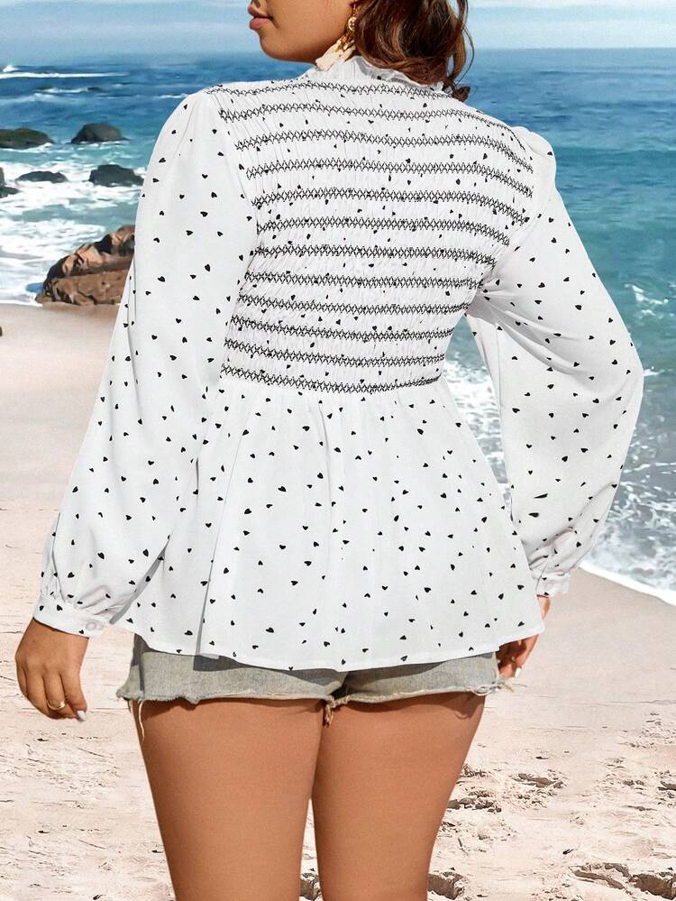 Plus Size Women Romantic Valentine's Day Heart Printed Shirt Peplum Top