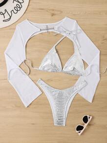 SHEIN Swim Women's Crocodile Textured Halter Neck Tie Bikini Set Summer Beach - Silver - View 6