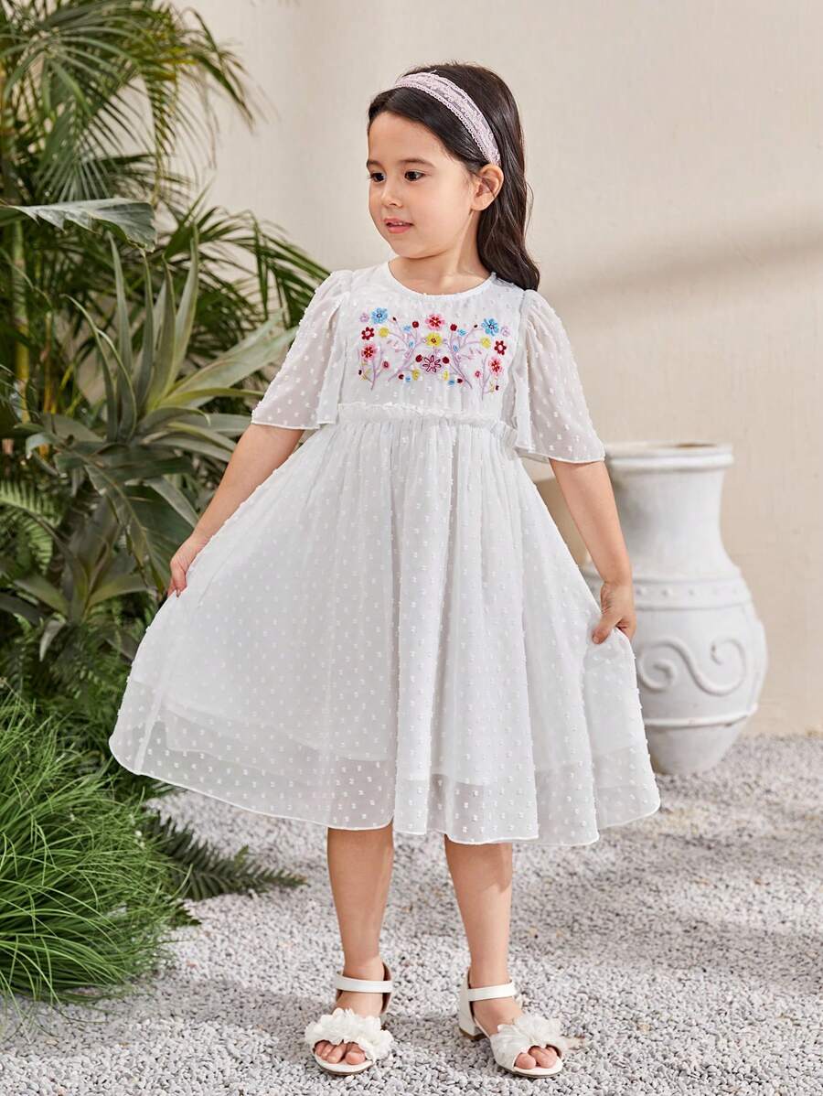 SHEIN Young Girls' Elegant Floral Embroidery Dress With Ruffle Hem - White - View 1