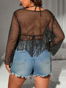 SHEIN Swim Curve Women's Plus Size Solid Color Hollow Out Knit Tassel Cover Up Summer - Black - View 2