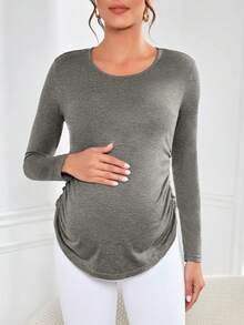 SHEIN Maternity Long Sleeve Tee With Ruched Side - Dark Grey - View 4