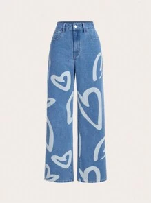 SHEIN MOD Women'S Heart Printed Jeans - Light Wash - View 3