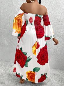 SHEIN Holidaya 大尺碼花卉印花露肩平行縐縫連身裙 - 白色 - 查看 2