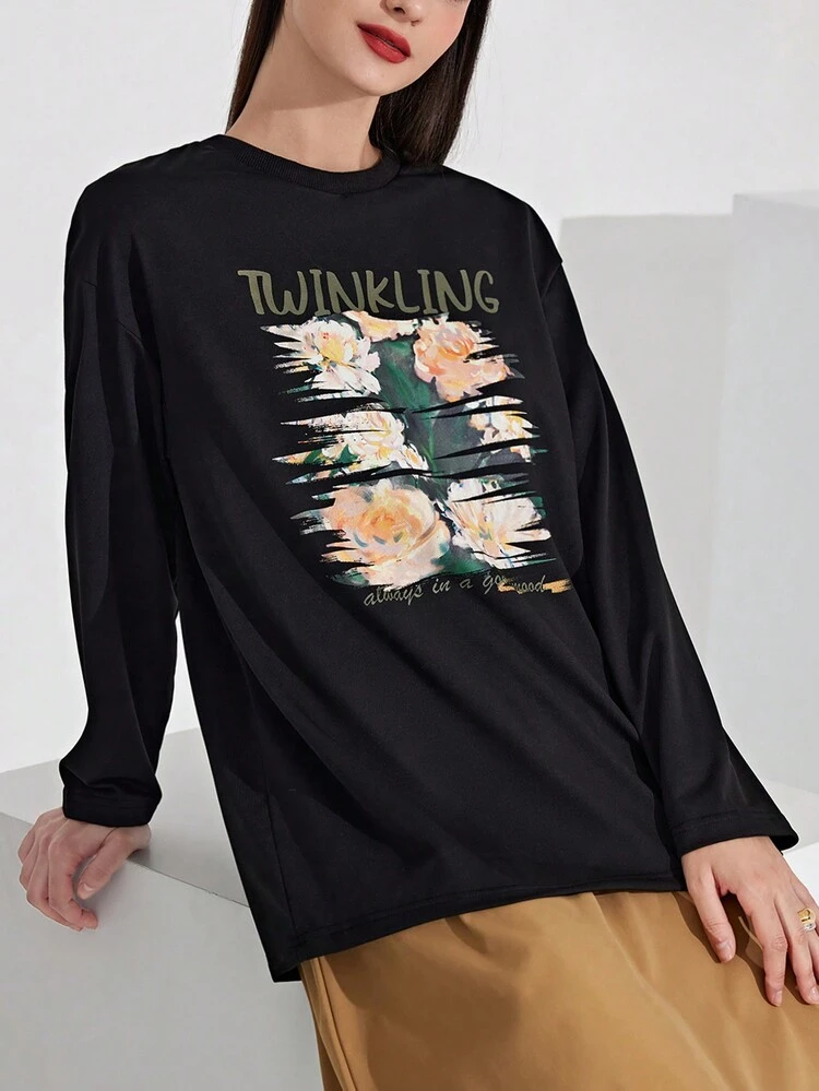 Women's Floral & Letter Printed T-Shirt