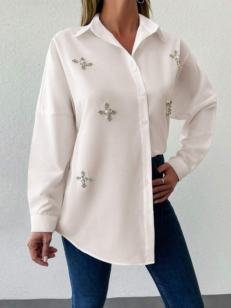 SHEIN Cottnline 繡鑲鑽、珍珠、鉚釘飾扣前長袖襯衫 - 杏色 - 查看 1
