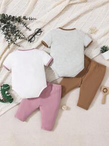 2 Sets Baby Boy Cute Cartoon Dinosaur Printed Rompers And Pants Pajama Set - Multicolor - View 2