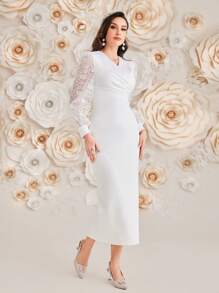 Modelyn 女士透視網紗長袖連衣裙 - 白色 - 查看 3