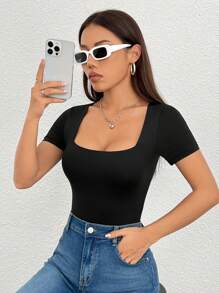SHEIN PETITE Women's Solid Color Square Neck Slim Fit Short Sleeve Bodysuit