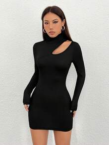 SHEIN PETITE Của phụ nữ Màu thuần Xu hướng: Cắt giảm Thon gọn Váy bodycon - màu đen - Xem 6