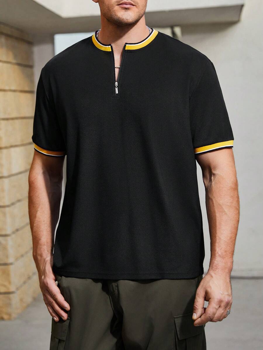 Manfinity Homme Men'S Plus Size Contrast Color Zipper Decor Half Placket Polo Shirt