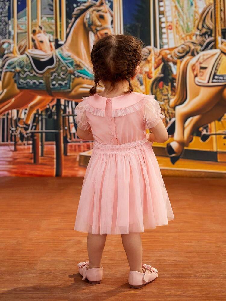 Baby Girl's Peter Pan Collar Embroidered Flower Mesh Dress With Puff Sleeves And Waist Shirred, Pink