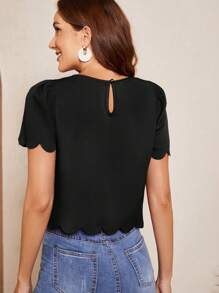 SHEIN Clasi Women's Seashell Edge Puff Sleeve Shirt,Short Sleeve Tops - Black - View 2