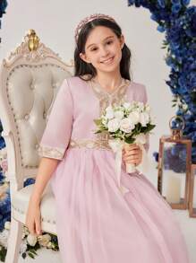 SHEIN Tween Girls 金色编织丝带和网眼撞色华丽连衣裙 - 粉色 - 查看 5