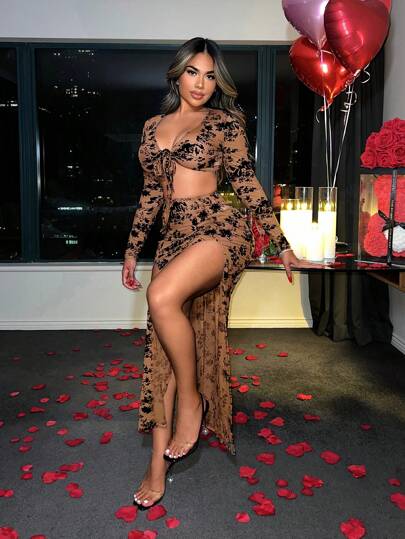 SHEIN SXY Của phụ nữ Lưới & Sang trọng Nút phía trước Tay áo dài Top Cây trồng Và Cái nĩa cao Váy midi Bộ Đối với Lễ hội