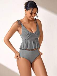 SHEIN Swim 女士條紋綁頸比基尼套裝音樂節 - 黑與白 - 查看 4