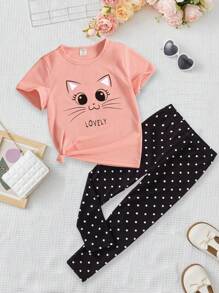 SHEIN 2入組少女可愛的貓咪圖案短袖t卹和波點打底褲套裝