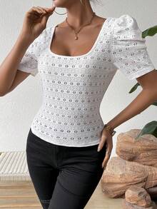 SHEIN Frenchy 女士修身款空心刺繡方領t恤 - 白色 - 查看 5