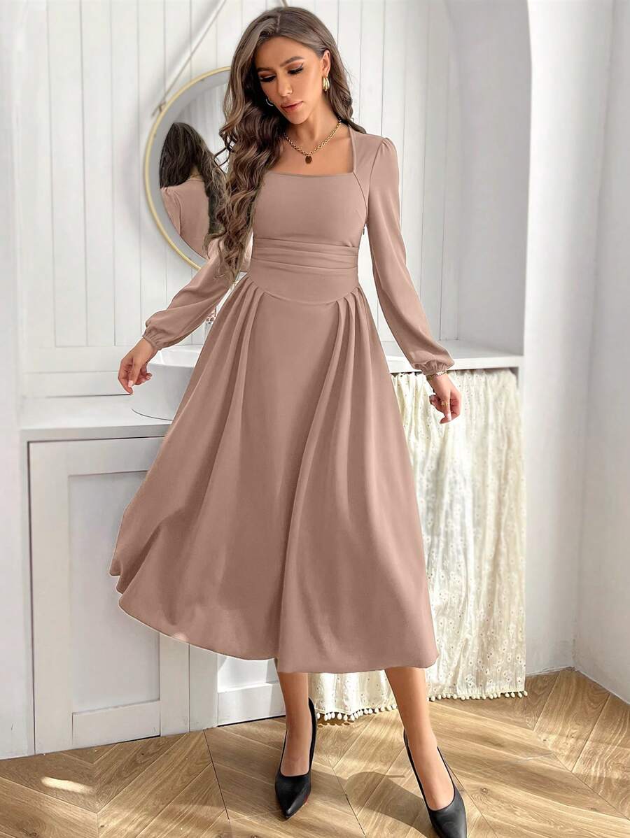 SHEIN Privé Của phụ nữ Thiên nga Vòng cổ Tay áo lồng đèn Đầm - Màu Khaki - Xem 1