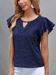 SHEIN Clasi 双层波点印花编织荷叶边袖衬衫，短袖上衣