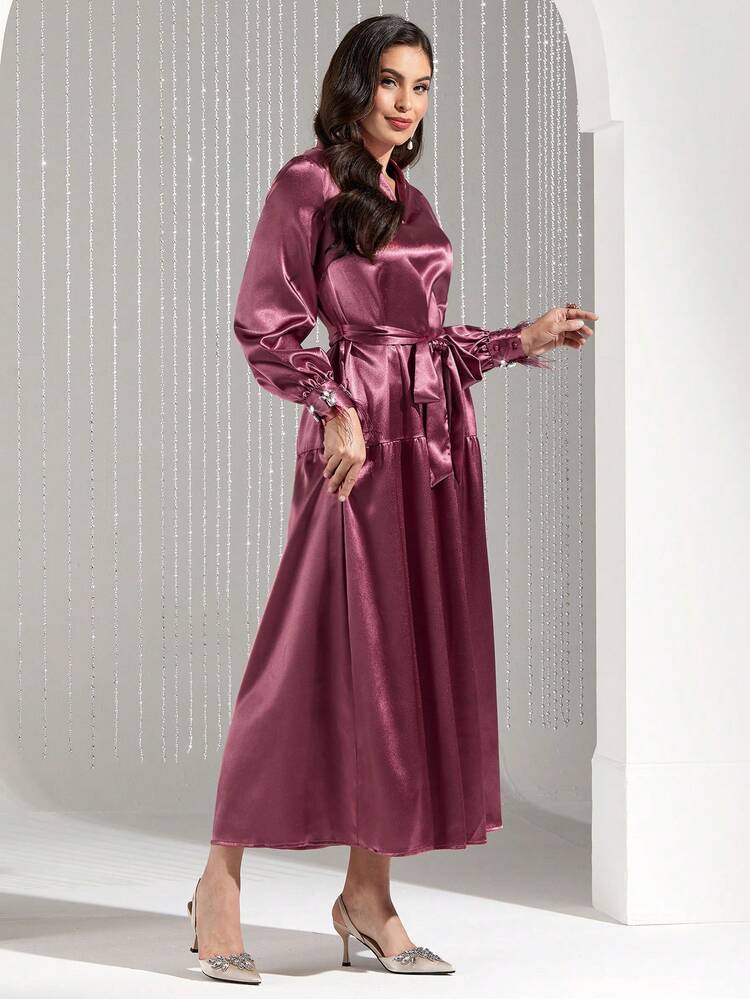 Women's Dress With Rhinestone Fur Sleeve Cuffs, Notched Collar, Tie Waist Band,Elegant Evening Party Dress Long Evening Dresses
