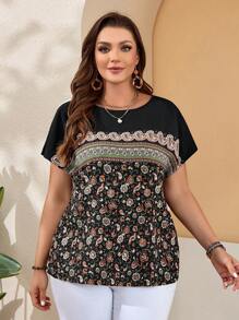 EMERY ROSE Plus Size Women'S Geometric Patchwork Batwing Sleeve Boho Mom Shirt For Spring - Multicolor - View 4