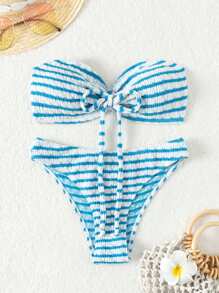 SHEIN Swim 夏季海滩女士条纹抹胸两件套比基尼套装音乐节 - 彩色 - 查看 1