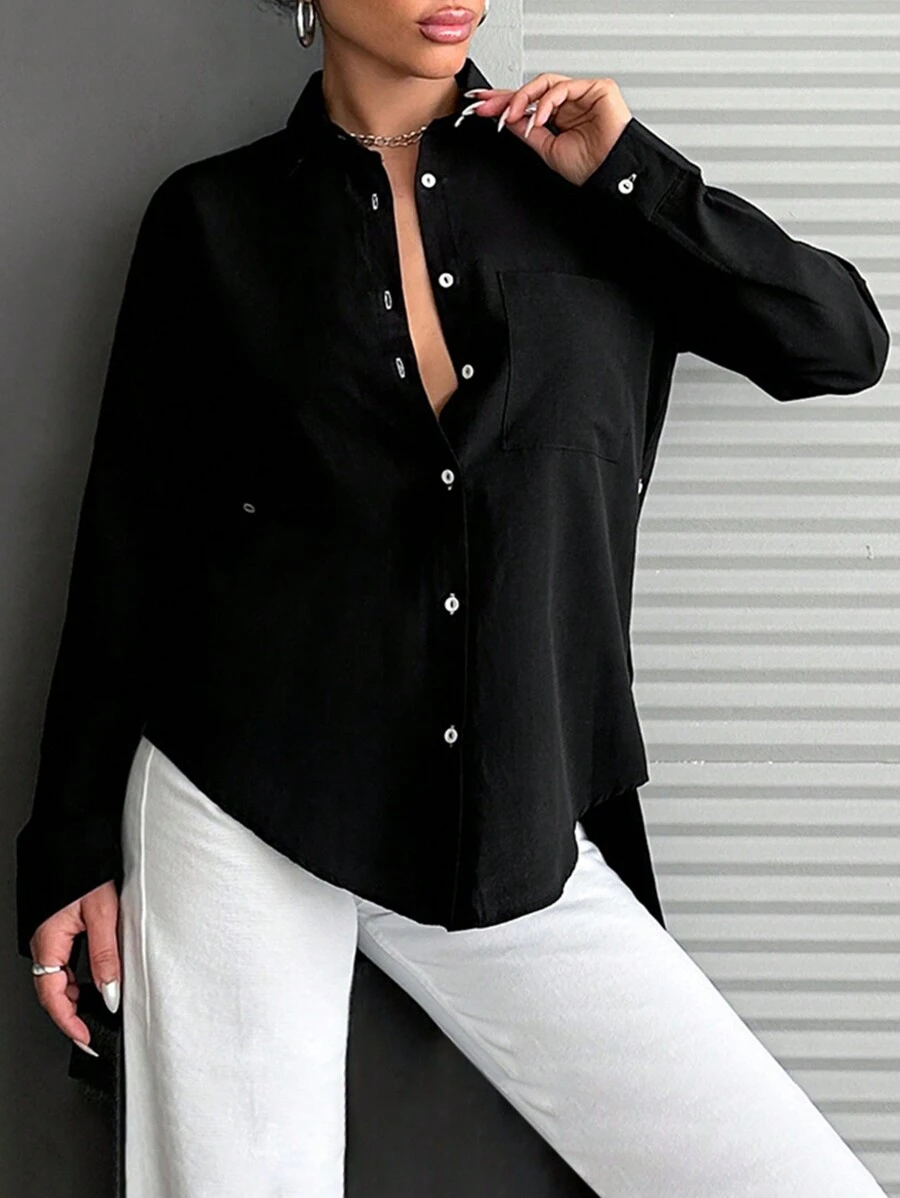 EURMUSE Button Detailed Black Blouse - Black - View 1