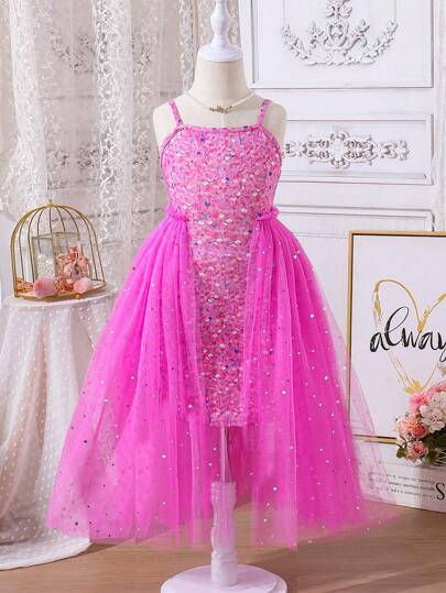 SHEIN Glamorique Kids Young Girl's Patchwork Glitter Mesh Hem Spaghetti Strap Dress