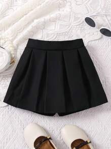 SHEIN Young Girl Solid Color Folded Pleated Casual Shorts - Black - View 1